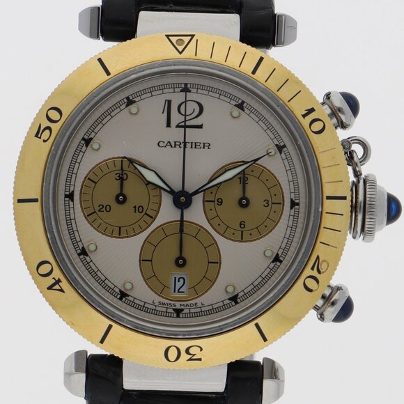 WATCH CARTIER W3101155 Pasha Chrono Silver YG/SS/leather QZ - Picture 1 of 7